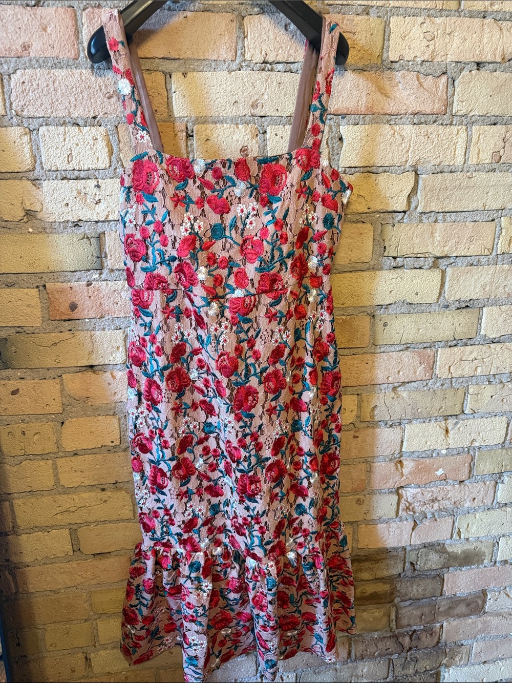 Lovers + Friends Embroidered Floral Lace Dress in Pink, Teal & Cream